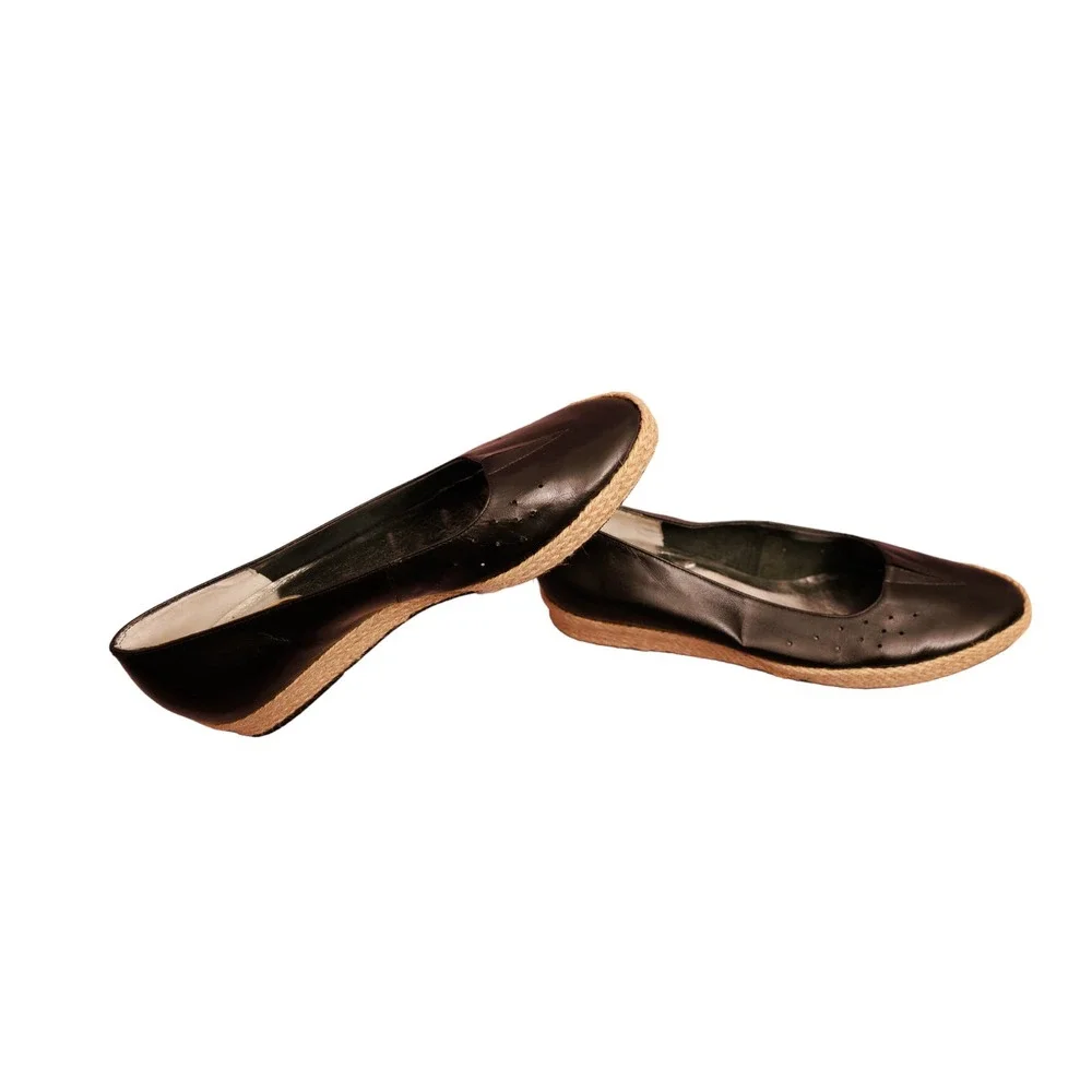 Ros Hommerson “Envy” Black Leather Low Wedge‎ Espadrille Slip On Flats 8.5M